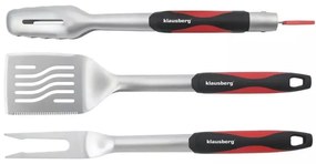 Комплект 3бр прибори за барбекю Klausberg KB 7899, Щипка, Вилица, Шпатула, Отвор за окачване, Неръждаема стомана, Черен/Червен