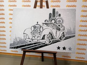 Картина на платно – Черно-бял автомобил с винтидж фон