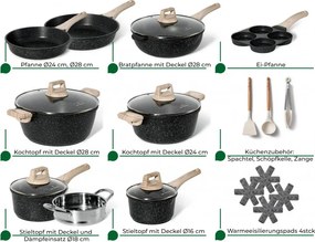 Разопакован: Комплект тенджери и тигани Just Perfecto JL-722, 21 ч, Отливка, Мраморно покритие, Индукция, Съд за готвене на пара, Аксесоари, Черен