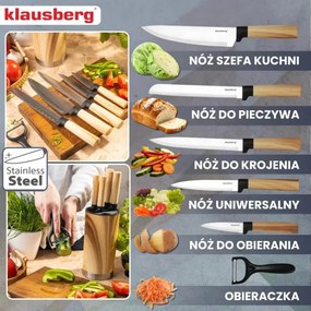 Комплект кухненски ножове Klausberg KB 9036, 7 ч, Неръждаема стомана, Дървесен ефект, Стойка, Кафяв