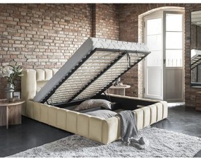 Бежово двойно легло 160x200 cm тапицирано с място за съхранение с включена подматрачна рамка Lamica – ELTAP
