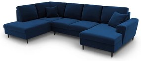 Син кадифен разтегателен ъглов диван с място за съхранение (ляв ъгъл/U форма) Kyoto – Cosmopolitan Design