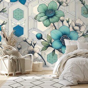 Тапет – Сини цветя с геометричен фон