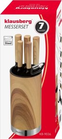 Комплект кухненски ножове Klausberg KB 9036, 7 ч, Неръждаема стомана, Дървесен ефект, Стойка, Кафяв