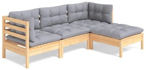 3096345 vidaXL Градински лаундж комплект със сиви възглавници, 4 части, бор