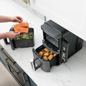 Двоен фритюрник с горещ въздух Ninja SL451EU, 2470W, 9.5 л, Цифров термометър, 2 кошници, 6 програми, Max Crisp, Sync & Match, Сив