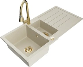 Mexen Andres гранитна кухненска мивка с 1,5 отделения с отцедник и кухненски смесител Elia, бежов - 6515-69-670101-50