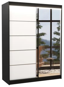 Гардероб с плъзгащи врати с огледало LIMBA, 150x200x58, черен/бял + LED