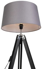 Подова лампа триножник черна с абажур 45 см ленено тъмно сиво