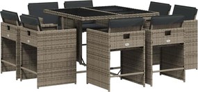 3211196 vidaXL Градински трапезен комплект 9 части с възглавници сив полиратан