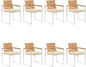 3078625 vidaXL Градински столове 8 бр с възглавници тиково дърво масив