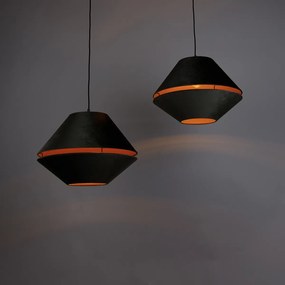 Висяща лампа черна с двоен кадифен абажур зелен със златист интериор 2 светлини - Cava Luxe