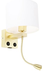 Стенна лампа златиста с USB и бял абажур 18 см - Brescia Combi