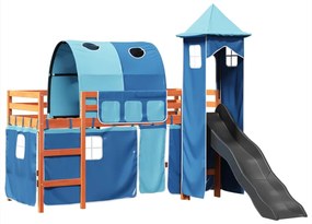 3309162 vidaXL Детско високо легло с кула, синьо, 90x200 см, бор масив