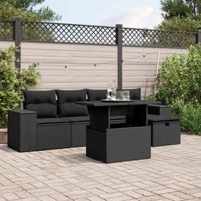 3275285 vidaXL Градински диван с възглавници, 6 части, черен, полиратан