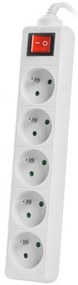 Разклонител LANBERG, 2.500W, 1.5 метра, 5 контакта, Защита от деца, Светлинен индикатор, ON/OFF бутон, Бял
