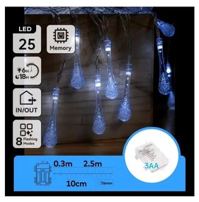 Aigostar - LED външна коледна гирлянда 25xLED/8 режима 3xAA 2,5 m IP44 студено бяло, капковидни елементи