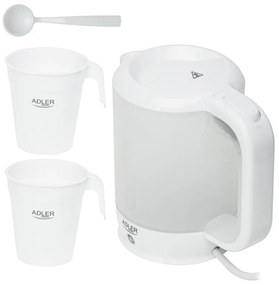 Електрическа кана Adler AD 1381, 900W, 0.5 л, 2 чаши и лъжичка, Защита от работа вода, Бял