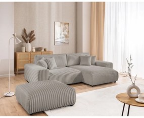 Светлосив разтегателен ъглов диван от рипсено кадифе с място за съхранение (десен ъгъл) Sarina – Ropez