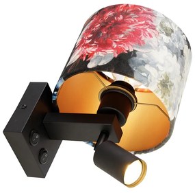 Стенна лампа черна с лампа за четене и абажур 18 см флорални - Brescia