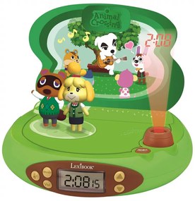 Детски 3D часовник с проектор Lexibook Nintendo Animal Crossing RP500AC, Аларма, 4 ефекта, Зелен/кафяв