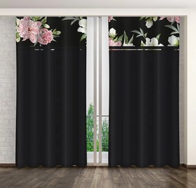 Обикновена черна завеса с принт на розови и бели божури Ширина: 160 см | Дължина: 250 см