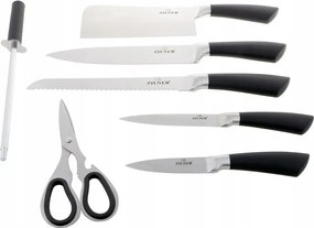 Комплект ножове с поставка ZILNER ZL 5127, 8 части, Точило, Ножици, Неръждаема стомана, Черен