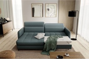 Сиво-зелен кадифен разтегателен ъглов диван с място за съхранение (ляв ъгъл) Gomsi – ELTAP