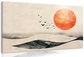 Картина на платно – Japandi пейзаж с оранжева луна
