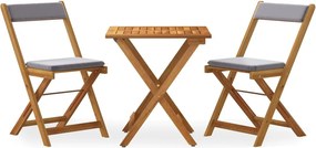 319705 vidaXL Сгъваем бистро комплект, 3 части, с възглавници, акация масив