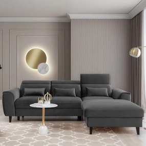 Тъмносив кадифен разтегателен ъглов диван с място за съхранение (десен ъгъл) Foble – ELTAP