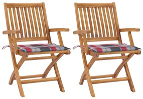 3062419 vidaXL Градински столове, 2 бр, възглавници на червено каре, тик масив