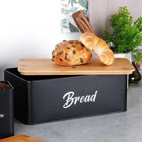 Комплект кутия за хляб и 3 буркани за съхранение на кафе, чай и захар, черен метал и бамбуково дърво