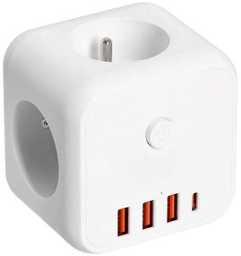 Разклонител за контакти с превключвател LINEA 3x230V + 4xUSB A/C бял