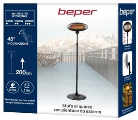 Кварцова печка за двор Beper P203PAN002, 2000W, 3 степени, Регулируема глава, Защита от преобръщане, IP34, Черен