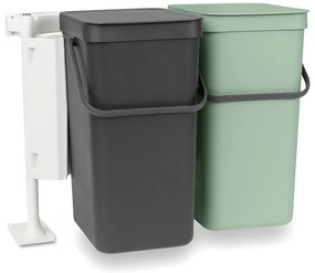 Кош за разделно събиране на боклук Brabantia Sort&Go 1005518, 2x16 л, Монтаж върху врата на кухненски шкаф, Сив/зелен