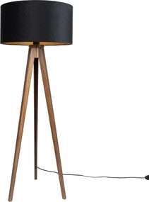 Подова лампа от орехово дърво с черен абажур със златист интериор 50 см - Tripod Classic