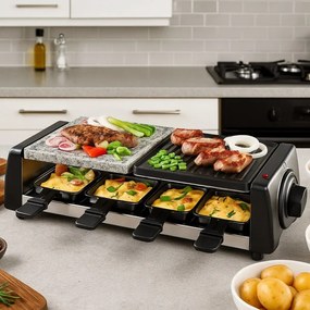 Раклет и грил Techwood TRGP-896, 1200W, Термостат, 8 мини раклета, Двойна защита, Черен