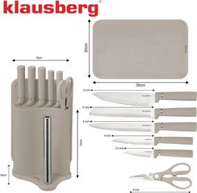 Комплект ножове Klausberg KB 7978, 8 части, Неръждаема стомана, Стойка, Държач за кухненска хартия, Бежов
