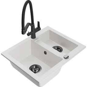 Mexen Carlos гранитна мивка с 1,5 камери с кухненски смесител Duo, бял - 6518-20-671701-70-B