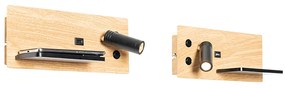 Комплект от 2 стенни лампи черни с дърво, включително LED с USB и индукционно зарядно - Riza