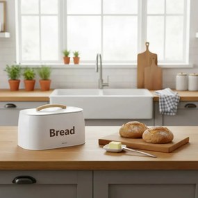 Кутия за хляб Kinghoff KH 1947, 35 см, Метално тяло, Дървена дръжка, Бял