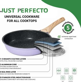 Комплект съдове за готвене Just Perfecto JL-34, 13 части, Алуминии, Мраморно покритие, Стъклени капаци с отвор за пара, Без PTFE и PFOA, Индукция, Лилав