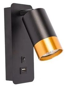 Стенен спот с USB зарядно 1xGU10/35W/230V черен/златист