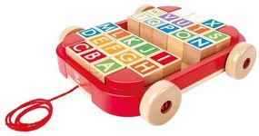 Hape - Дървена играчка, Ремарке за дърпане с дървени кубчета, 21 x 21 x 5.6 см