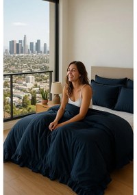 Тъмносиньо единично спално бельо от памук Renforcé 140x200 cm Ruffle Striped – Mila Home Luxury