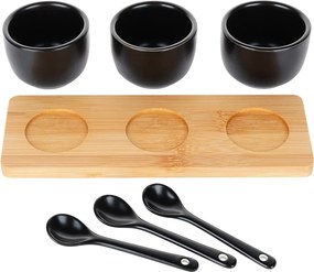 Комплект от 3 керамични купи с лъжици върху бамбуков поднос, 21,5x6,5x5,5 см, черни