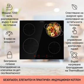Klarstein Virtuosa EcoAdapt, индукционен плот, 4 зони, 7200 W, стъкло, черно