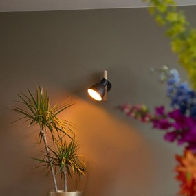 Ръстичен стенен аплик черен с дърво - Flint