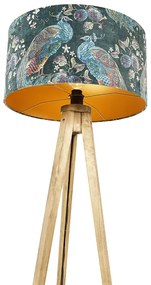 Трипод винтидж дърво с абажур павлин зелен 50 см - Tripod Classic
